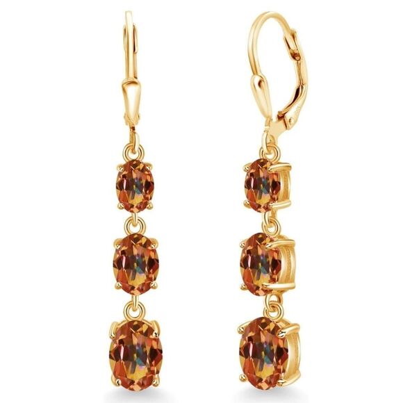 18K Yellow Gold with 6.00 Cttw 3 Stone Ecstasy Mystic Topaz Leverback Earrings